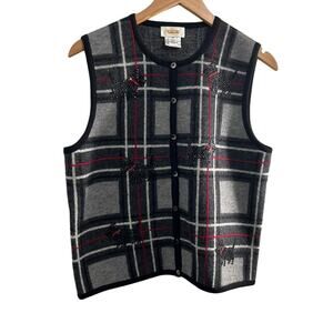 TALBOTS  Plaid 100% Wool Sequin Dog Terrier Embellishment Vest Medium